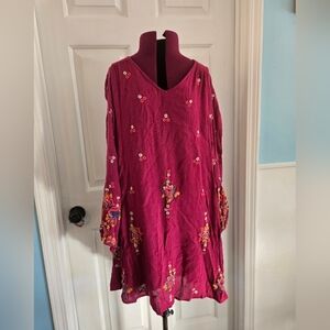 Free People Magenta Embroidered Long Sleeve Mini Semi Backless Dress